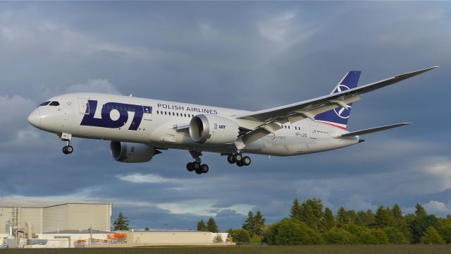 Boeing 787-8 (SP-LRD) - BOE273 on final approach to runway 34L to complete a flight test on 6/12/13. (LN:87 cn 35941).