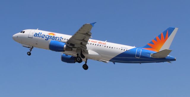 Airbus A320 (N234NV) - An Allegiant Air Airbus A320-214 departing Northwest Alabama Regional Airport, Muscle Shoals, AL - September 6, 2019 - ferrying the University of North Alabama football team to a game in Missoula, Montana.