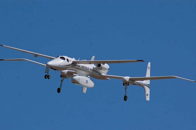 Scaled Composites Proteus (N281PR) - Scaled Composites Model 281 Proteus N281PR on approach to the Mojave Airport on March 15, 2005. It had been flying out of Knoxville, Tennessee for a week.