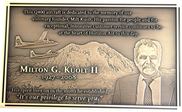 de Havilland Dash 8-400 (N434MK) - Memorial Dedication Plaque inside DHC-Q400 to Horizons (QXE) Founder, Multon G Kuolt, II .. Located in front of seat # 2E