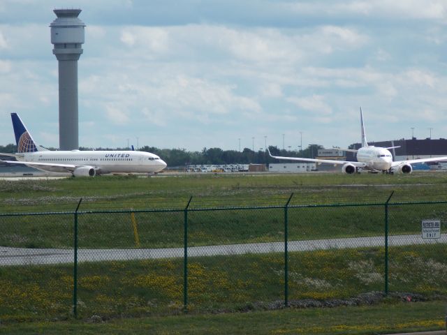 Boeing 737-700 — - Two United flights, waiting for take-off, grazing. The new control tower in the distance looks...ominous.