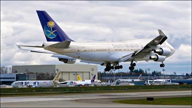 Boeing 747-400 (HZ-HM1) - SAUDIA1 on final to Rwy 16R on 3.30.18. (ln 1265 / cn 28343). The event was a visit by Saudi Crown Prince Mohammed bin Salman to Boeing.