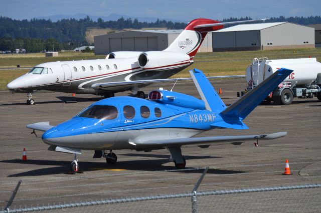 Cirrus Vision SF50 (N843MF) - Nice looking Cirrus Vision SF50 parked on the ramp. Flew up to Salem from Las Vegas two days prior to taking this photo.