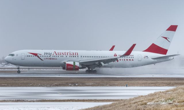 BOEING 767-300 (OE-LAY) - This aircraft is still parked at YYZ with todays (April 15th) flight cancelled as well.br /Taken April 14th, 2018