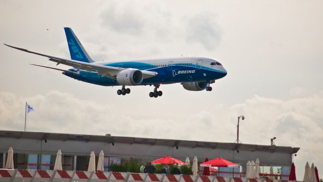 Boeing 787-8 (N787BA) - Boeing 787 Dreamliner in flight at 2011 Paris Air Show - La Bourget