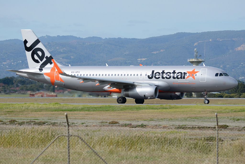 Airbus A320 (VH-VFV) - On taxiway heading for take-off on runway 05. Thursday, 8th May 2014