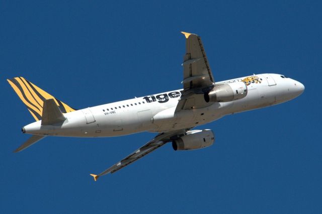 Airbus A320 (VH-VNC) - Getting airborne off runway 23 and heading back to Melbourne. Thursday 4th April 2013.