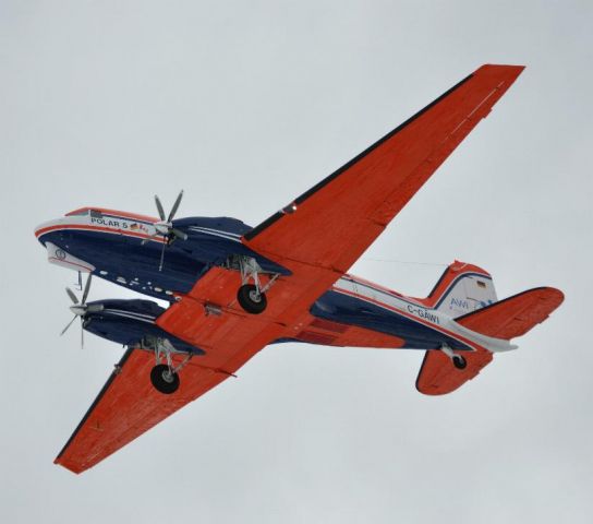 Douglas DC-3 (C-GAWI) - 1943 Douglas S/N 19227 final approach runway 08 CYYR.