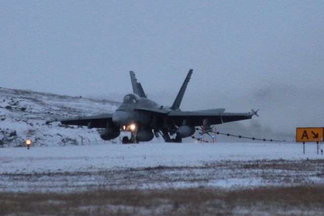 McDonnell Douglas FA-18 Hornet (N774) - Flights delayed this afternoon in Iqaluit for F18 using arrest cable.