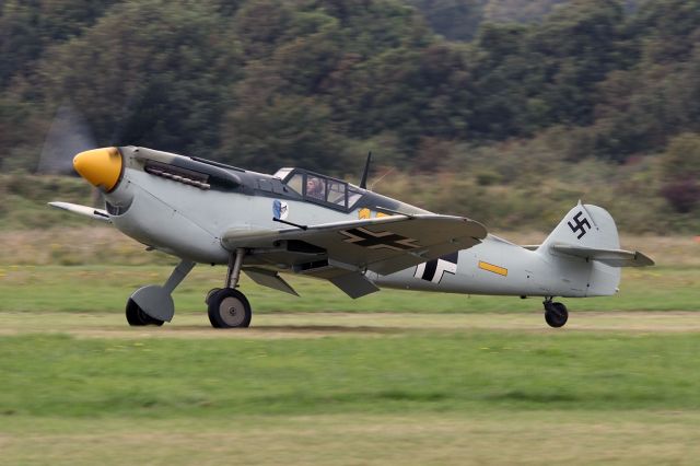 G-BWUE — - [cn.223]. Hispano Aviacion HA-1112 Buchone G-BWUE/10 landing at the RAFA Airshow Shoreham EGKA Airport 2.9.2012.