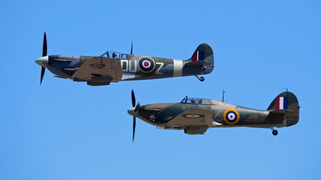 SUPERMARINE Spitfire (N614VC) - FHCs Supermarine Spitfire Mk.Vc (Ser #AR614) and #N54FH - Hawker Hurricane Mk XIIA / Ser #CCF/R32007 make a pass during flyday 8.26.17.