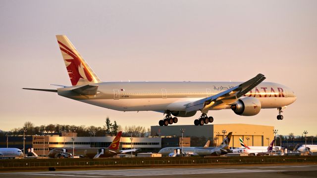 BOEING 777-300 (A7-BEM) - BOE908 on final to Rwy 16R to complete a FCF flight on 12.9.17. (ln 1525 / cn 64065).