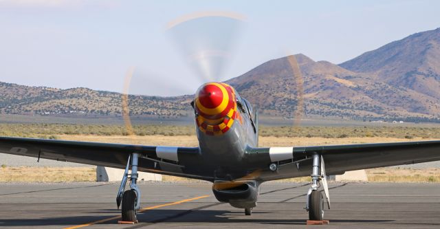 North American P-51 Mustang (N7715C) - Robert Patterson, piloting "Wee Willy II" (N7715C), an F-51D Mustang, performs a runup of the V-12 Packard (Rolls Royce) Merlin engine on the staging area ramp during the 2017 Reno Air Races at KRTS.