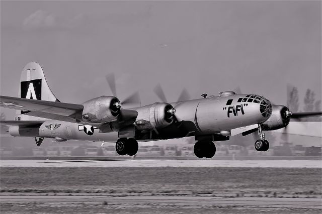 Boeing B-29 Superfortress (N529B) - Fifi with her Radials Growling for Air Speed Departs Runway 18 Oshkosh.