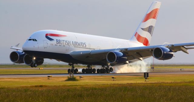 Airbus A380-800 (G-XLEF) - British Airways Airbus A380-841 G-XLEF smoking the mains at YVR 08L on arrival from LHR with cool vortices above the engines.