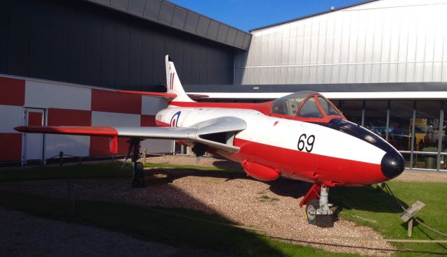 Hawker Hunter (SWV395) - Hawker Hunter in front of Aviodrome air plane museum in Lelystad (NL), October 2016.