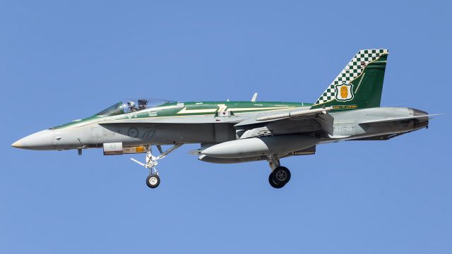 — — - This RAAF, F-18 Classic Hornet, is being flown by a US Fighter Pilot on exchange. 