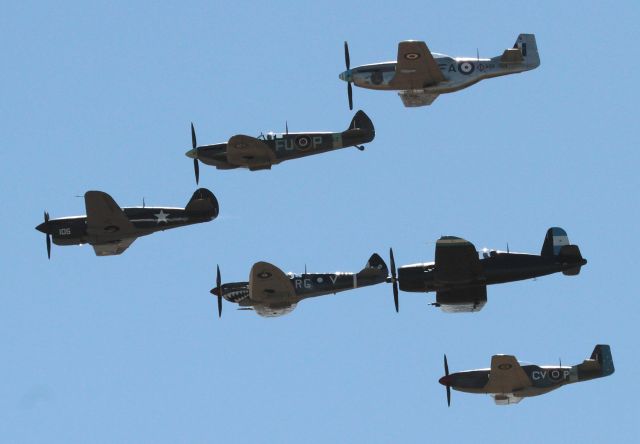 — — - Temora warbirds air show 2015 - WW2 group of Kittyhawk, 2 Spitfires, 2 Mustangs and the Corsair