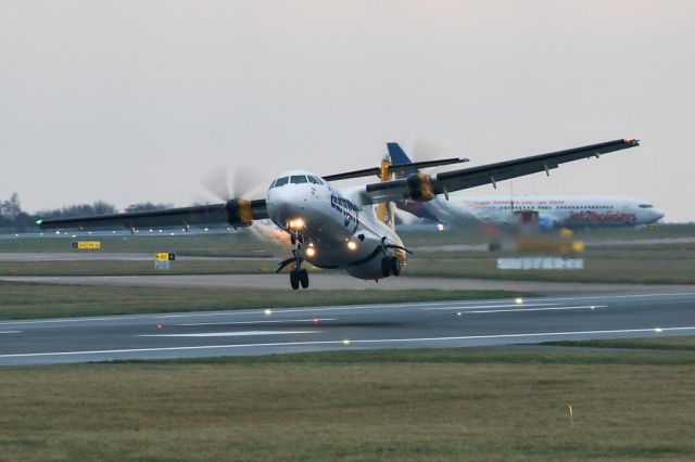 Aerospatiale ATR-72-500 (G-LERE) - AUR671 with a slightly unusual attitude on departure to Guernsey.  I didn't feel any cross wind at the timel