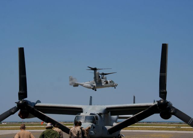 Bell V-22 Osprey (16-6739) - USMC Osprey #03 (166739) arriving at KBKL behind Osprey #05 (167913) for Marine Week Cleveland on 10 Jun 2012. This was the first time four Ospreys’ and this many Marine aircraft have been in Cleveland at the same time.