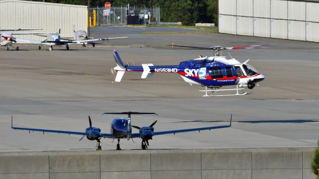 Bell 407 (N553HD) - WRAL's Bell 407 JetRanger (N553HD) "Sky 5" departing KRDU Rwy 23L on 04/10/2020 at 5:49 pm.