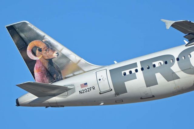 Airbus A320 (N202FR) - Frontier Airbus A320-214 N202FR at Phoenix Sky Harbor on February 9, 2018. It has a Bighorn Sheep on its tail. 