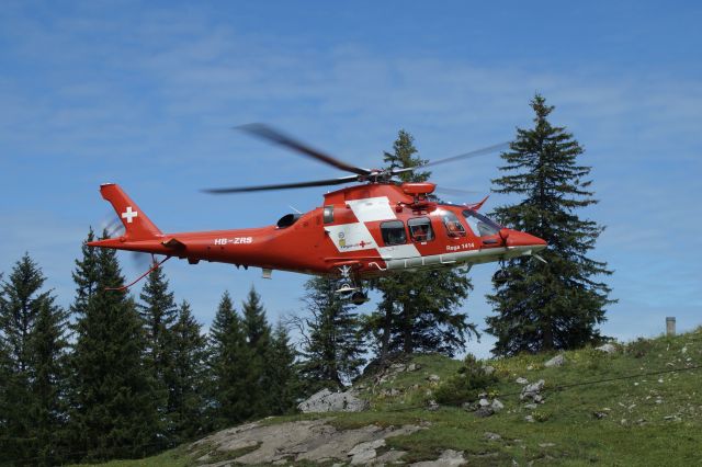 SABCA A-109 (HB-ZRS) - REGA Luftrettung rescue mission in the Swiss Alps at Bannalp (canton Niedwalden) for a hiker who suffered a cardiac problem. This was REGA 8 operating out of Erstfeld (LSXE).