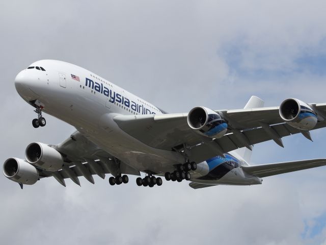 Airbus A380-800 (F-WWAJ) - Malaysian Airlines A380-800 on short finals to Farnborough Airport on Day 2 of the Airshow.