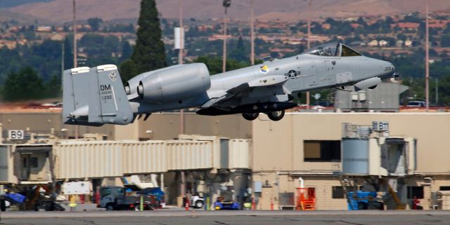 Fairchild-Republic Thunderbolt 2 (79-0202) - Major Tyler "Leeroy" Schultz (West Coast A-10 Demonstration Team, 355th Operations Group, 355th Fighter Wing, Davis-Monthan AFB, Tucson, AZ -- KDMA) pilots "Hawgtail One," his Fairchild-Republic A-10 Thunderbolt II -- the "Warthog," away from runway 34L after making a brief refueling visit.