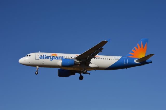 Airbus A320 (N220NV) - AAY132 on short final for 13 arriving from Phoenix-Mesa (KIWA/IWA). Allegiant has finally brought their longer Airbuses out west and this is the first ever scheduled A320 flight into Provo from the airline!