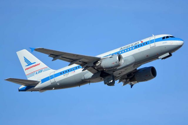 Airbus A319 (N744P) - American Airbus A319-0112 N744P retro Piedmont Pacemaker at Phoenix Sky Harbor International Airport on January 21, 2016. It first flew as D-AVWD on July 12, 2000. It was delivered to US Airways registered as N744US on August 3, 2000 and re-registered it as N744P on May 12, 2006. Its construction number is 1287. It was merged into the American Airlines fleet on December 10, 2013. 