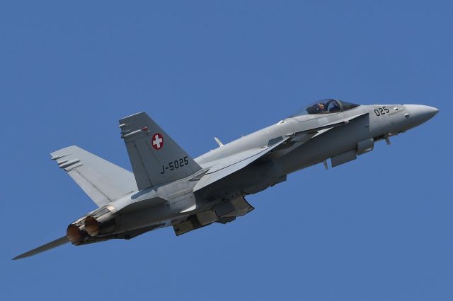 McDonnell Douglas FA-18 Hornet (J5025) - McDonnell Douglas F/A-18 Hornet, Swiss Air Force, leaving Payerne Air Base (04/12/2019)