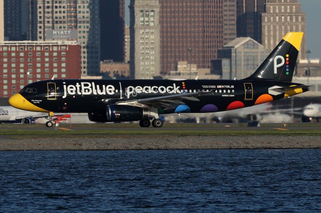 Airbus A320 (N706JB) - JBU 917 lining up for a 27 departure to JFK. In August 2023 it announced it was launching a partnership with NBCUniversal’s streaming service, Peacock. ('This Peacock Can Fly')