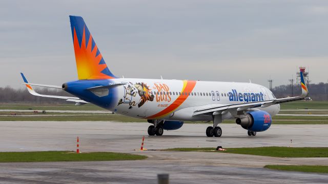 Airbus A320 (N205NV) - An Allegiant A320 taxi's away from gate 9 at KSBN wearing the The Bad Guys Livery. 4/22/22