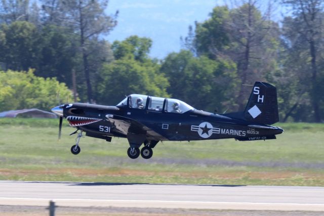 Beechcraft Mentor (16-0531) - KRDD - interesting that while the F/A-18s of VFMAT-101 out of MCAS Miramar where at Redding, this fully marked T-34C of VMFAT-101 Sharpshooters plane landed - but did not show an "N" number. April 21st, 2018.