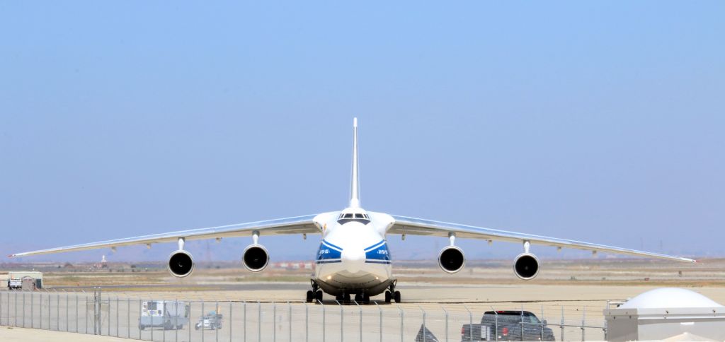 Antonov An-124 Ruslan (RA-82045) - Antonov AN-124 landing at Moffett Field, CA to pick up a Space Systems LORAL (SSL) satellite NBN CO 1A to be launched in French Guiana aboard and Ariane 5 rocket.