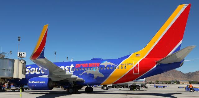 Boeing 737-700 (N422WN) - Southwests "Shark Week" special livery made its first appearance at Reno Tahoe International and is captured here just after coming to a stop at Gate B1.  