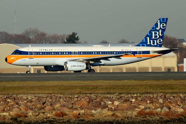 Airbus A320 (N763JB) - JetBlues new retro jet , Whats Old is Blue Again, lined up on 22R