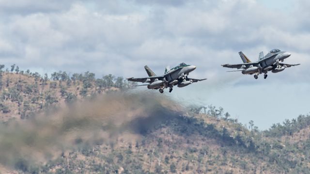 McDonnell Douglas FA-18 Hornet (A2149) - A pair of RAAF,F-18 Classic Hornets, depart YBTL.