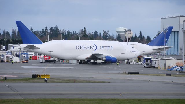 Boeing 747-400 (N249BA) - A Pair of Dream Lifters: GTI4351 parks alongside a sister ship #N780BA on the Boeing ramp on 4/5/12.