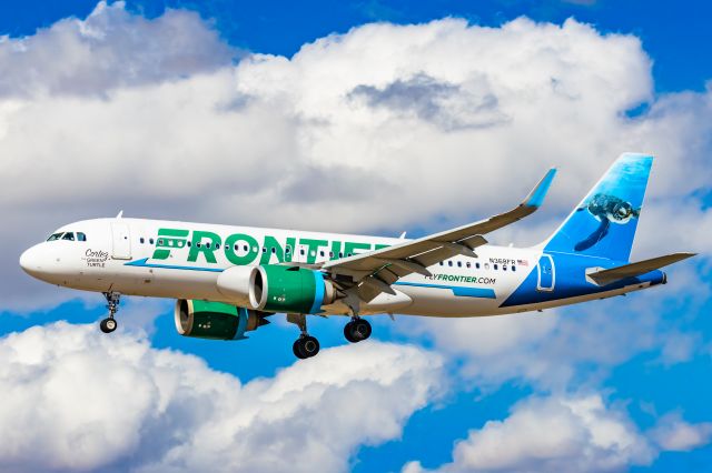 Airbus A320neo (N368FR) - A Frontier Airlines A320 neo "Cortez the Green Turtle" landing at PHX on 2/28/23. Taken with a Canon R7 and Canon EF 100-400 L ii.