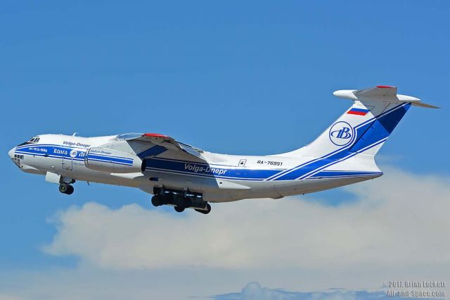 Ilyushin Il-76 (RA-76951) - Volga-Dnepr Ilyushin Il-76TD-90 RA76951 departed for Honolulu from Phoenix-Mesa Gateway Airport at 3:15 PM on August 27. It was delivered in September 2007. It is powered by four Perm PS-90 engines. Its construction number is 2073421704. It is very likely that this is the first Il-76 to visit Mesa Gateway.