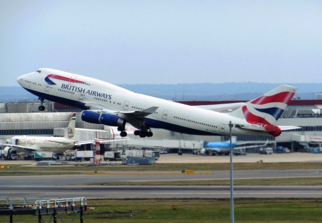 Boeing 747-400 (G-CIVD) - British Airways (BA) G-CIVD B747-436 [cn27349]br /London Heathrow (LHR). British Airways flight BA287 departing for San Francisco (SFO) on Runway 09R. br /Taken from Terminal 3 Car Park Roof Levelbr /2013 04 05  a rel=nofollow href=http://alphayankee.smugmug.com/Airlines-and-Airliners-Portfolio/Airlines/EuropeanAirlines/British-Airways-BA/https://alphayankee.smugmug.com/Airlines-and-Airliners-Portfolio/Airlines/EuropeanAirlines/British-Airways-BA//a