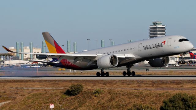 Airbus A350-900 (HL7578) - Asiana A350-900 XWB landing at LAX in the great summer evening light. 