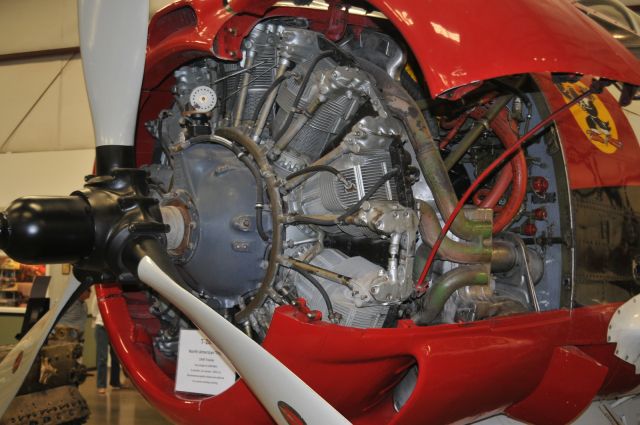 North American Trojan (N36NA) - Engine is on a T-28C, 1948 Trainer.  One Wright R-1820-86A, 9 cylinder, air cooled, 1425 h.p. - Shortened propeller blade for carrier landing training.  Planes of Fame Air Museum, Valle Airport, AZ.