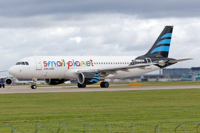 Airbus A320 (LY-ONJ) - Wearing the tail colours of Afriqiyah Airways, now operating for Small Planet, LLC765 departing for Kefalonia with more holidaymakers.