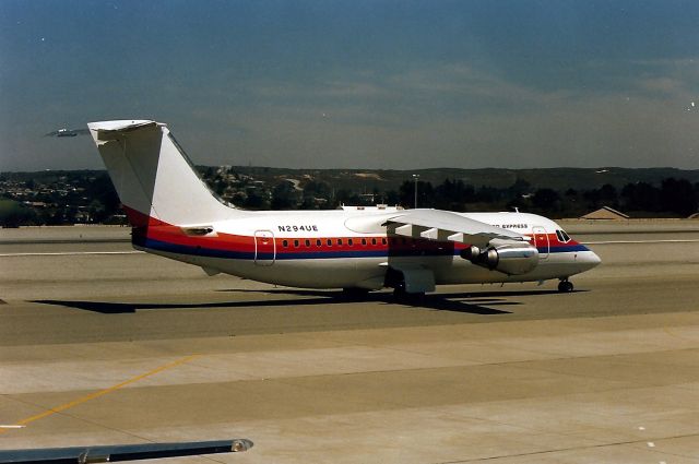 British Aerospace BAe-146-200 (N294UE) - KMRY - apprx June 1988 - new BAe-146 for United Express headed to the main runway. If I remember correctly - these 146 s were used MRY-SFO and MRY-LAX.br /br /Serial number 2107 LN:107br /Type Bae 146-200br /First flight date 24/06/1988