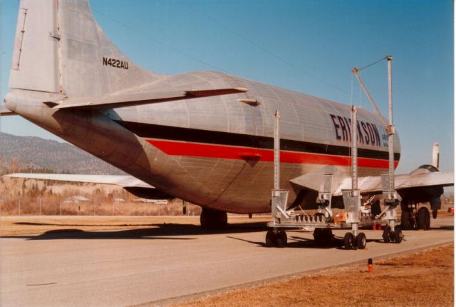 N422AU — - Erickson Boeing Straocruiser Guppy at Penticton BC Canada CYYF - Brought Skycrane S64 helicopter to remove another helicopter from a mountain. 1990