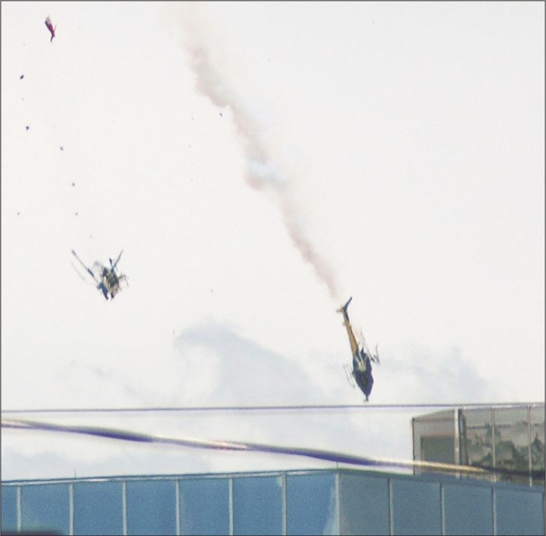 N613TV — - Copyright AJ Alexander - La Voz. Mid-air collision of two TV news helicopters over Phoenix, AZ, July 27, 2007.  N613TV is the inverted aircraft on the left-side of the image, of KTVK TV3. Remains of its tail-boom are clearly visible in the far upper left corner of the image. Witnesses stated N215TV (of KNXV TV 15) moved up and into the stationary N613TV while both were covering a police pursuit. The KNXV aircraft was broadcasting live at the moment of impact, though its camera was positioned downward at the police activity below and viewers saw no images of the collision.  Two crewmen from each aircraft received fatal injuries.  Both aircraft fell into a park and burned approximately 50 yards apart. No injuries were reported on the ground though debris fell across a wide area.  http://www.ntsb.gov/ntsb/brief.asp?ev_id=20070802X01089&key=1 Registration N613TV is now assigned to KTVKs replacement helicopter, EUROCOPTER AS 350 B2, serial #4291.