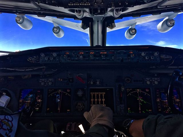 Boeing E-6 Mercury (16-4409) - View from the flight deck as a Navy E-6B conducts in-flight refueling with an Air Force KC-135.